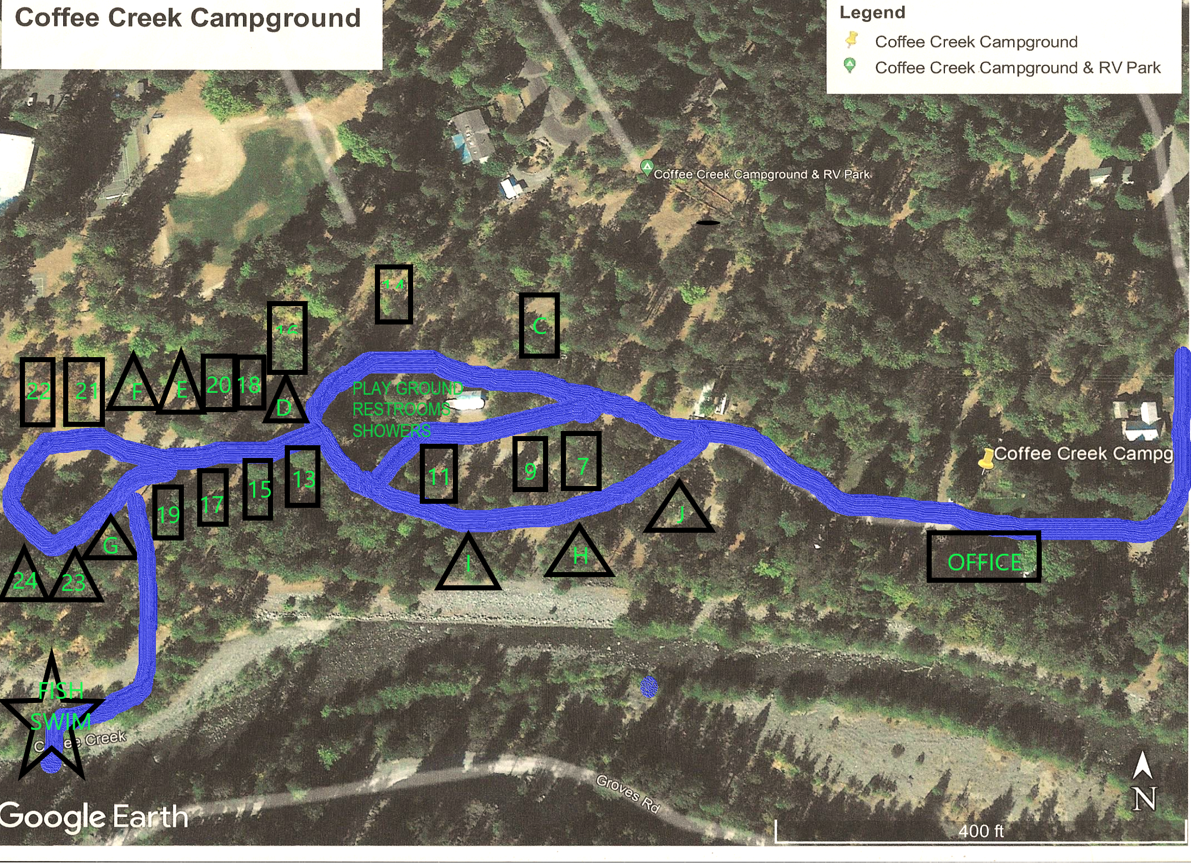 CAMPGROUND MAP<br />
Road leading next to main office, around park, and down to Creek is blue. RV spots are labeled with Rectangles and tent camping sites are labeled with triangles. 